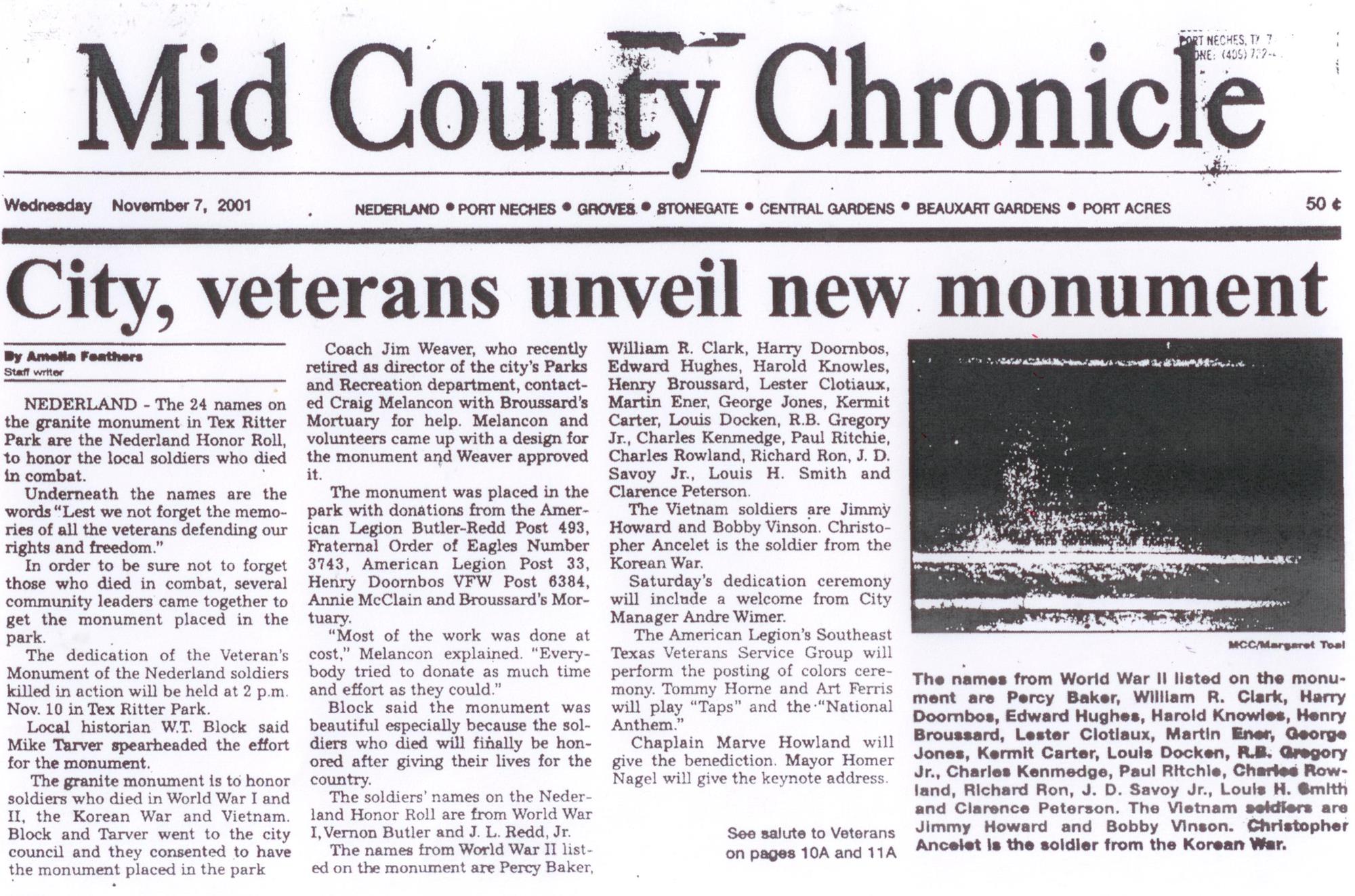 Veterans Memorial Article